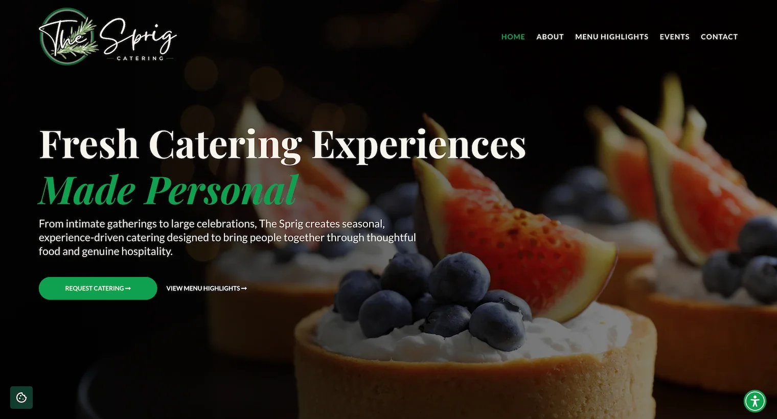 Fresh fruit tartlets topped with blueberries and kiwi highlight The Sprig Catering homepage, representing personalized catering services for weddings, corporate events, and special celebrations.